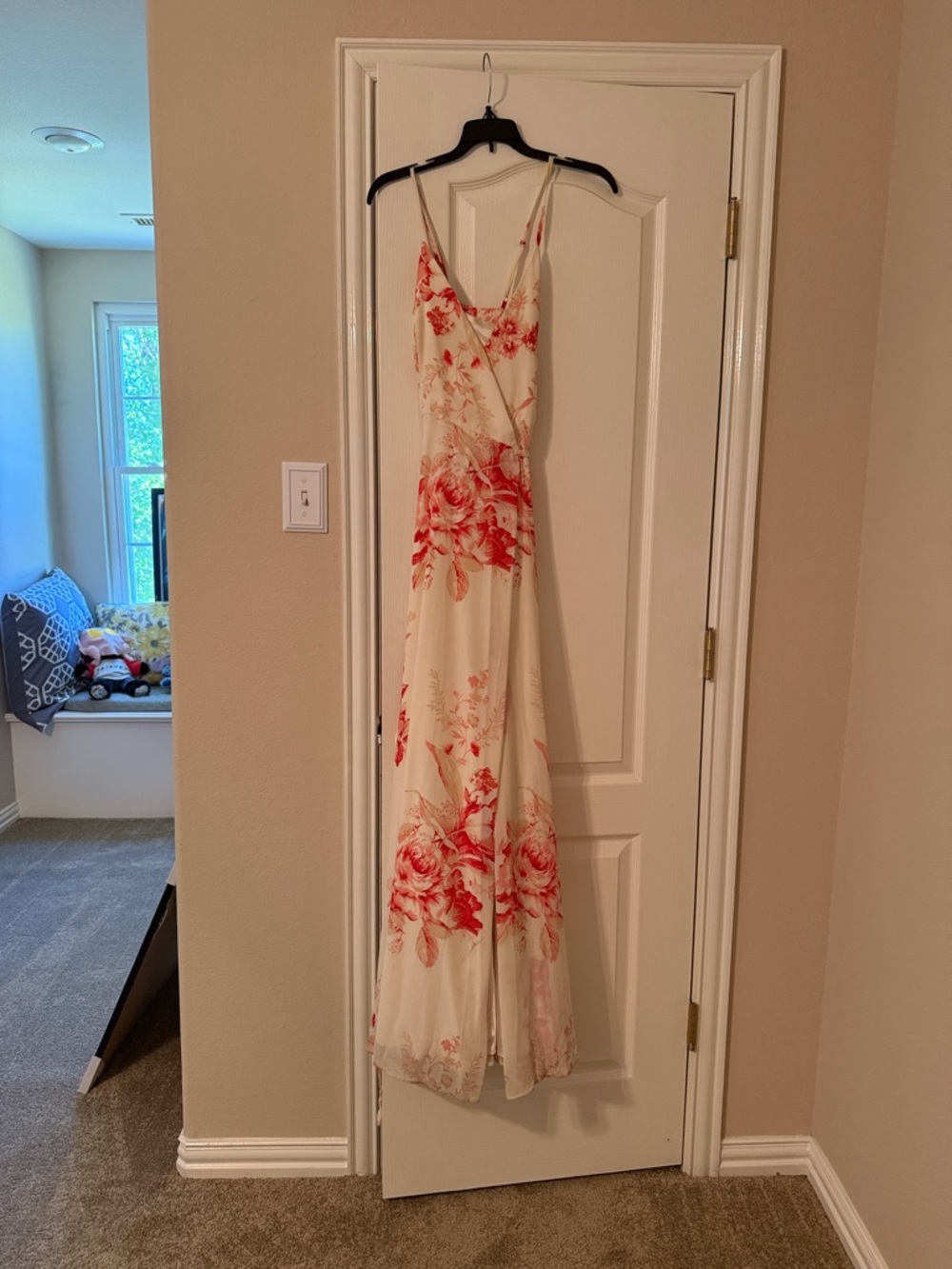 Lulu's Cream Maxi Dress with Red Floral Print worn once